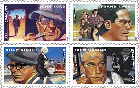 vier postzegels met portretten van vier grote filmregisseurs, n John Ford, Frank Capra, Billy Wilder en John Huston.